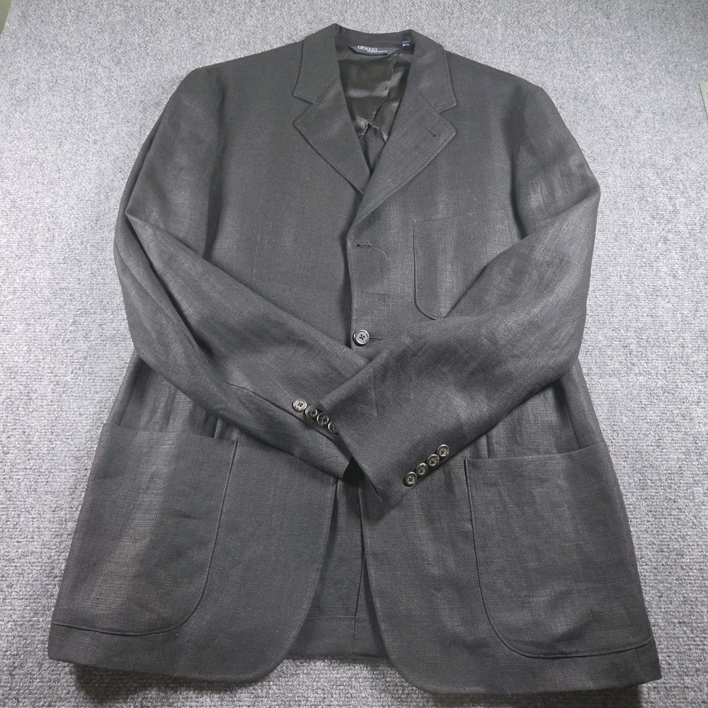 Polo Ralph Lauren Blazer Mens Large Black 3 Button 100% Linen Unstructured